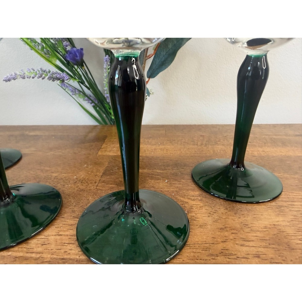 Vintage Emerald Green Wine Glasses Set Mid Century Italian Art Glass Style Bar - Picture 7 of 11